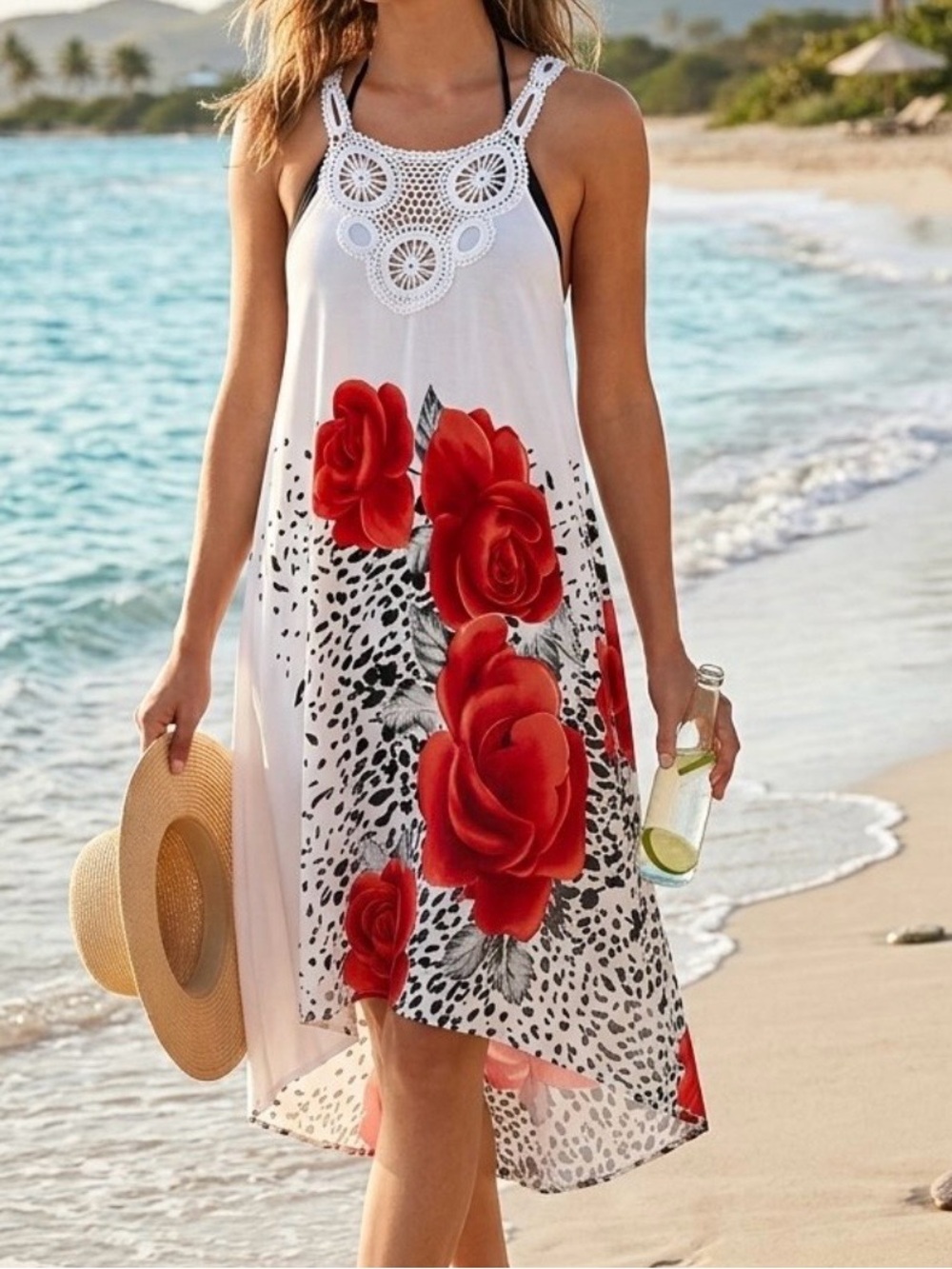 Swim Beach Cover Up Dress White Roses One Size Fits All NEW